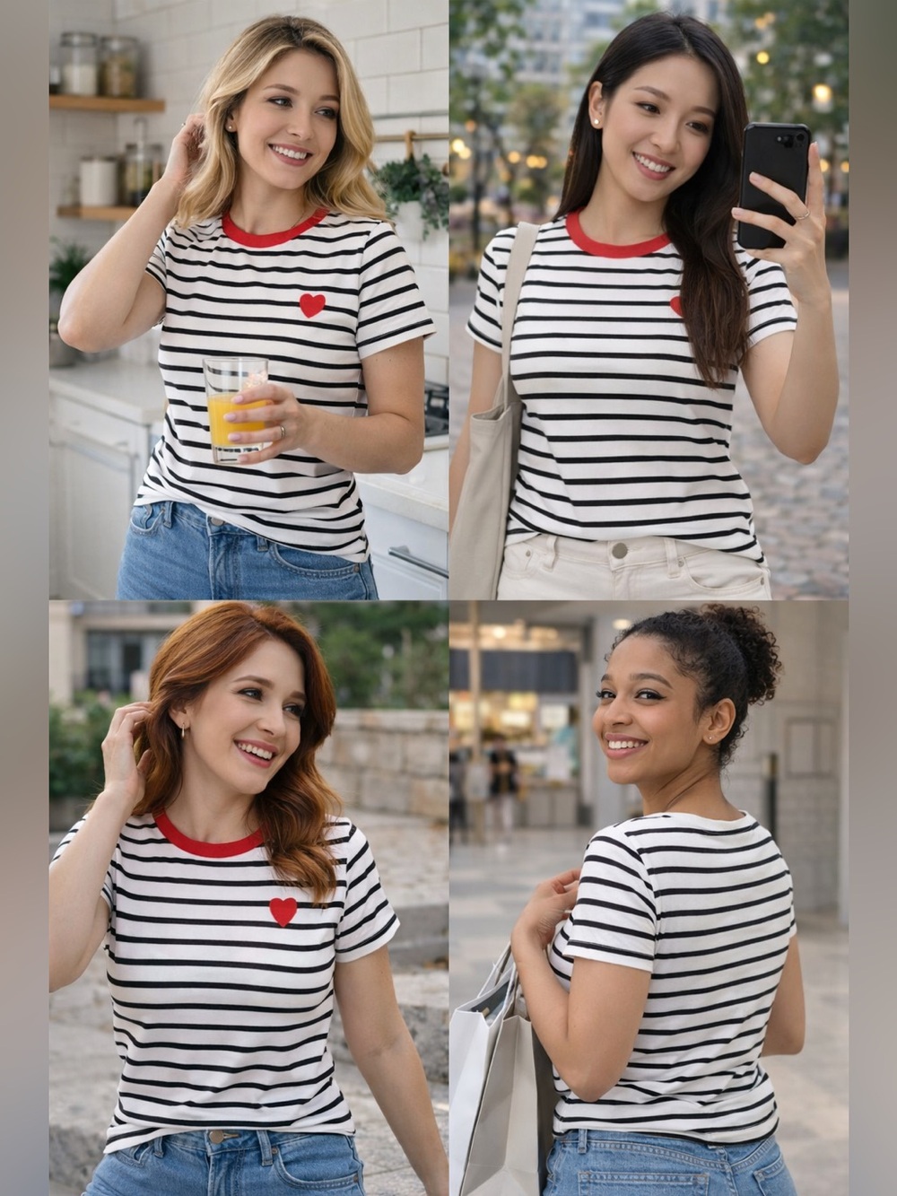 SHEIN Black and White Striped Top with Red Accents